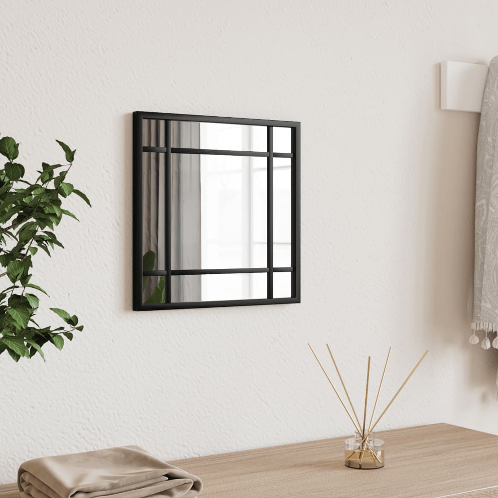 Square black iron-framed wall mirror, 11.8x11.8 inches, mounted on a white wall.