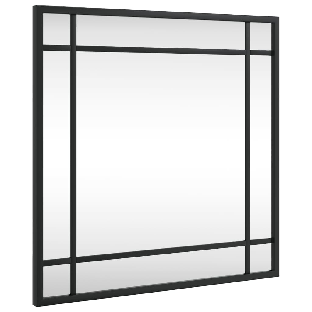 Square black wall mirror with slim iron frame, 15.7x15.7 inches.