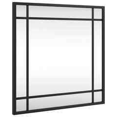 Square black wall mirror with slim iron frame, 15.7x15.7 inches.