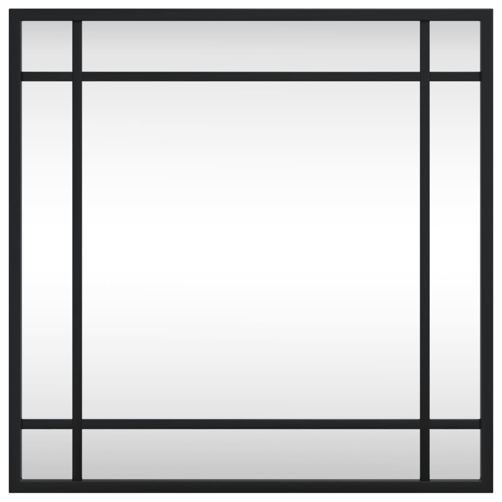 Black square wall mirror with slim iron frame, 15.7x15.7 inches.