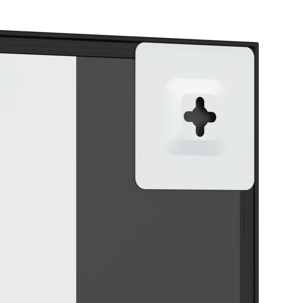 A black square wall mirror with iron frame, measuring 15.7 by 15.7 inches.