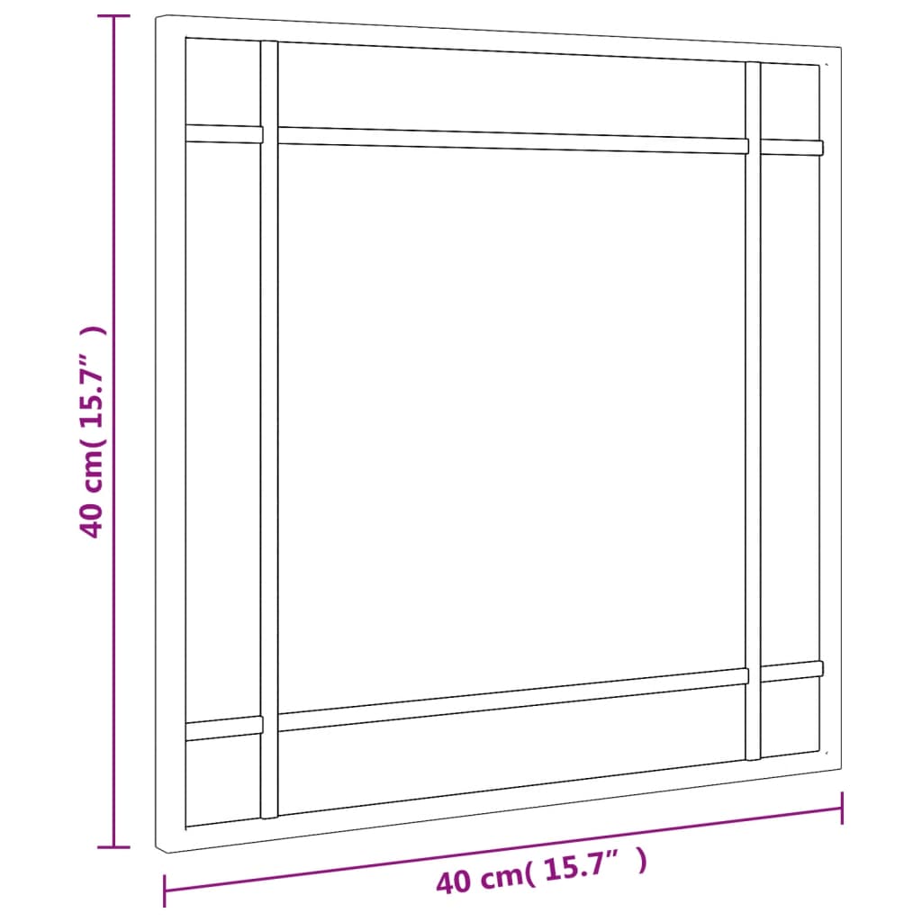 Black square wall mirror with slim iron frame, 15.7 by 15.7 inches, matte finish.