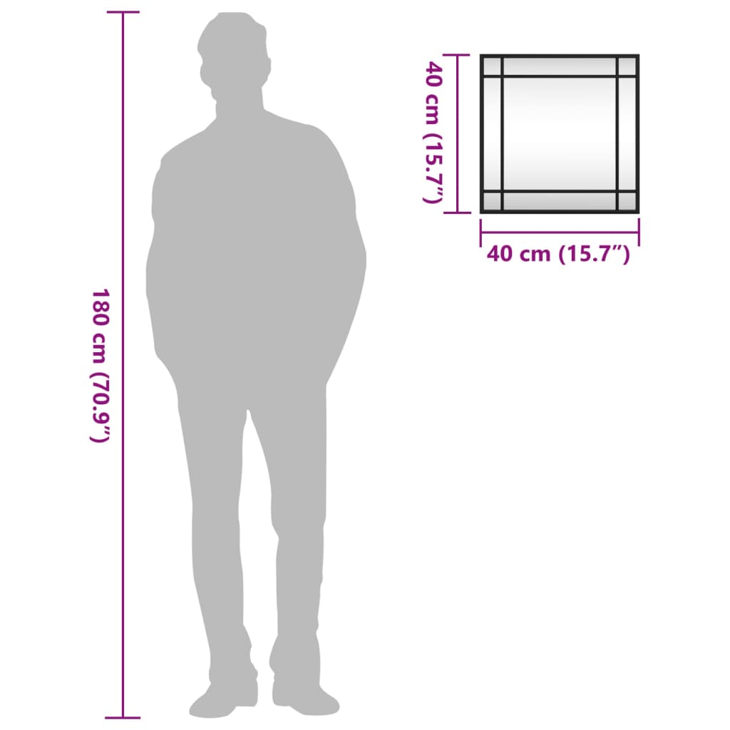 Size comparison chart showing a 40 cm square black iron frame wall mirror next to a 180 cm tall human figure.