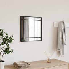 Black square wall mirror with slim iron frame and 15.7x15.7 inch glass panel.