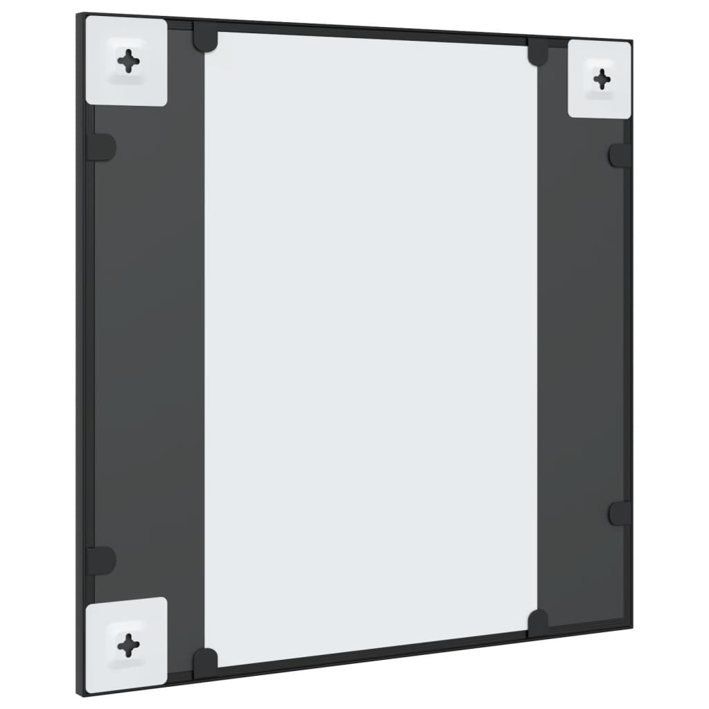 Black square wall mirror with iron frame, measuring 19.7x19.7 inches.