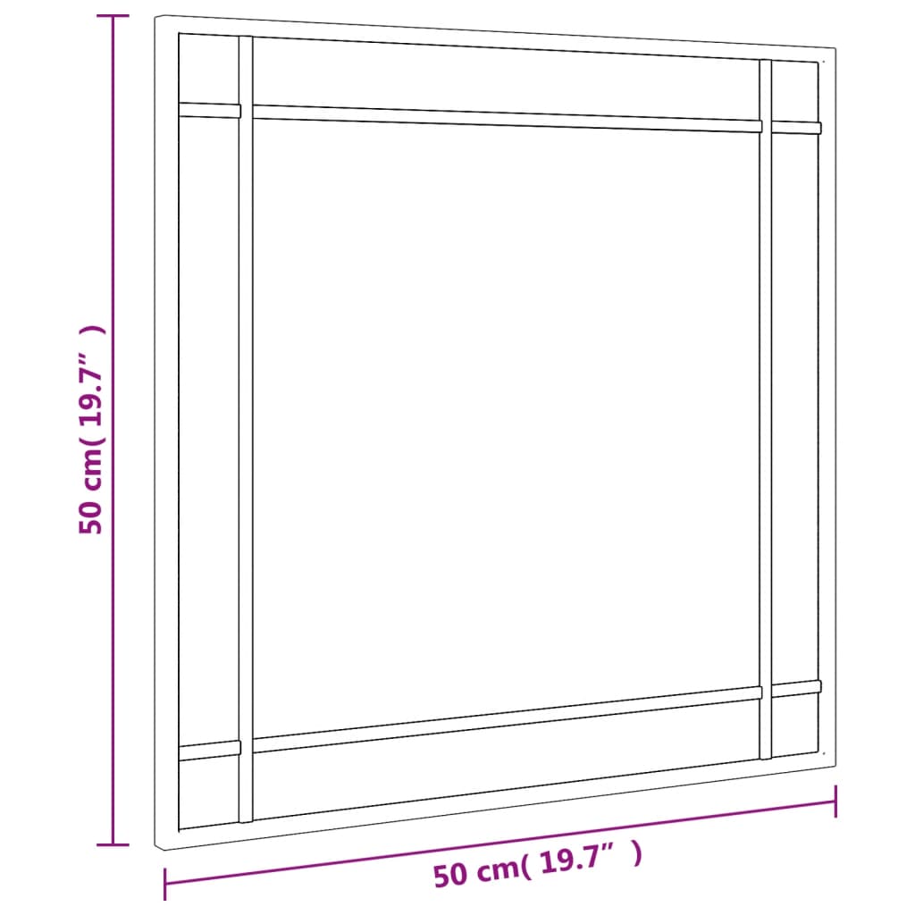 Square black iron-framed wall mirror, 19.7 x 19.7 inches, with dimensions shown.