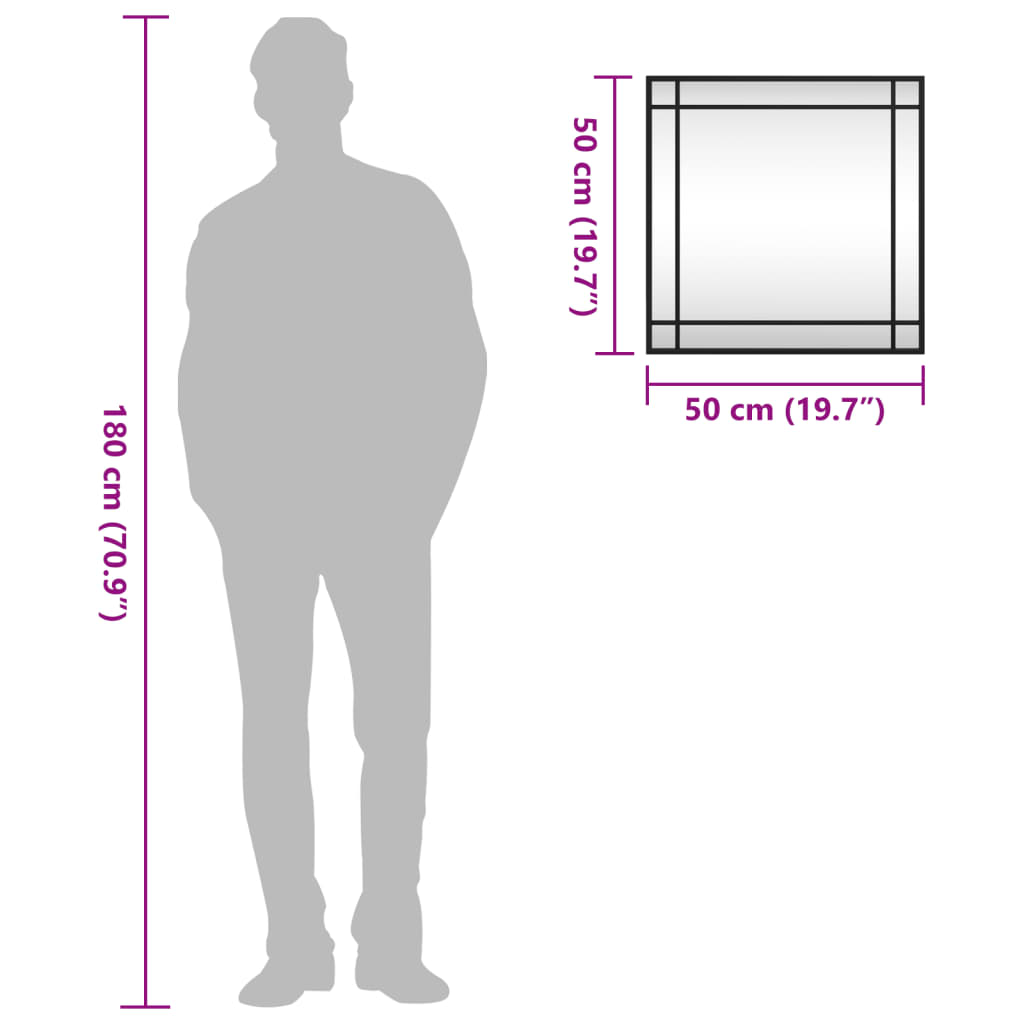 A 19.7x19.7 inch black square wall mirror with iron frame, shown next to a 180 cm tall figure for scale.
