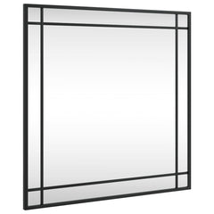 Square black iron-framed wall mirror, 23.6x23.6 inches.