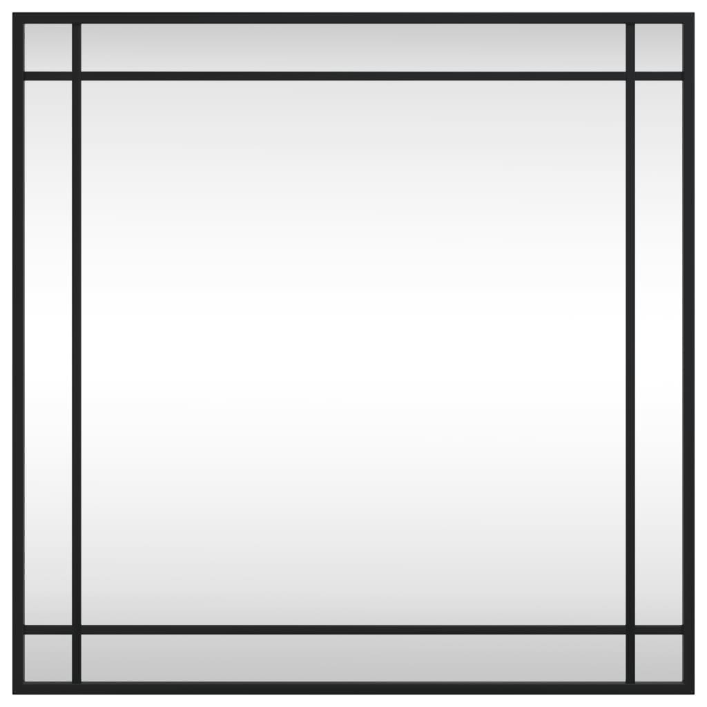Square black iron-framed wall mirror, 23.6 by 23.6 inches.