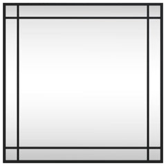 Square black iron-framed wall mirror, 23.6 by 23.6 inches.