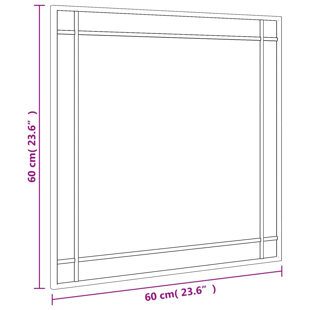Square black wall mirror with iron frame, measuring 23.6 x 23.6 inches.