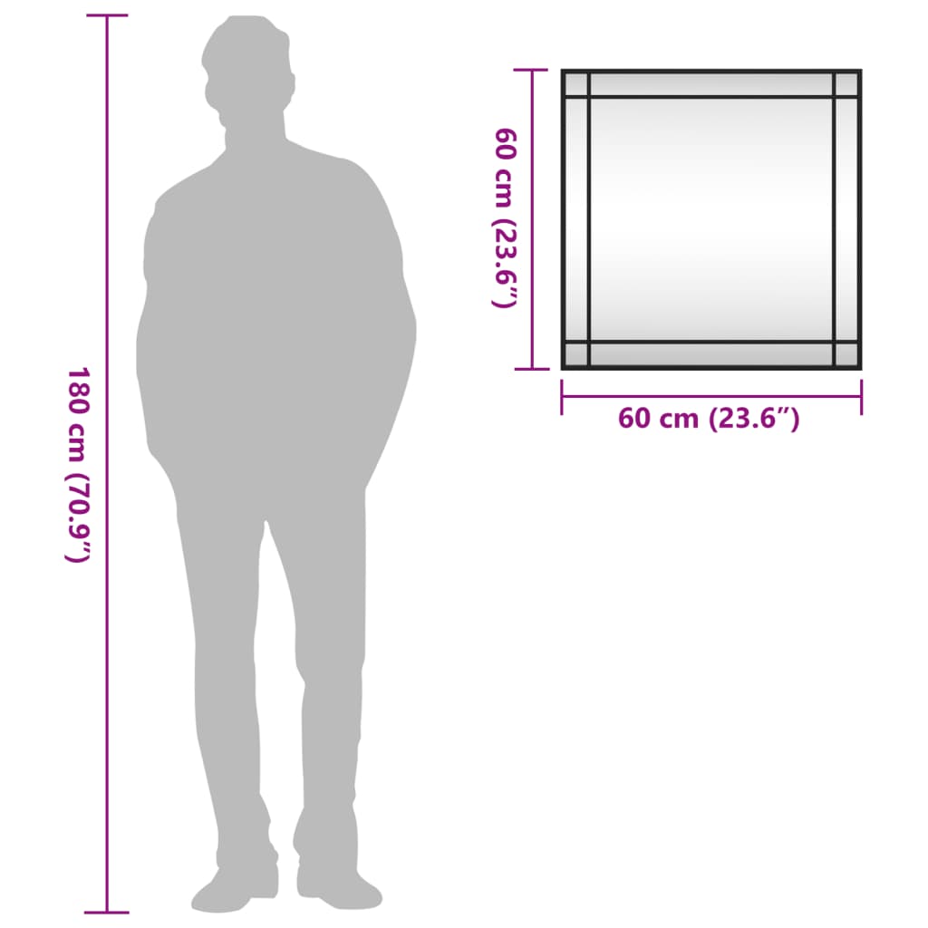 Diagram showing a 60 cm square black iron frame wall mirror next to a 180 cm tall human figure for scale.