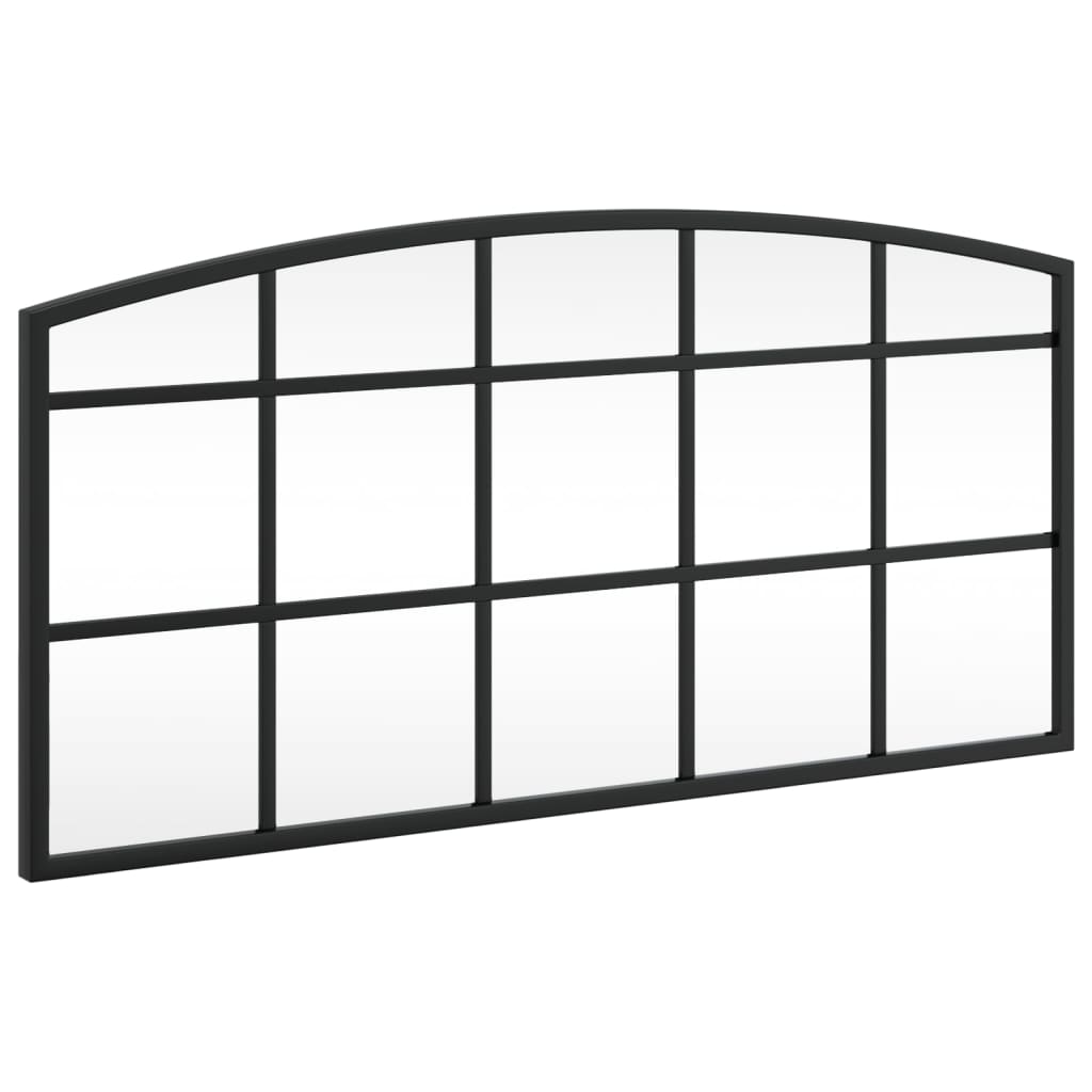 Black arched iron wall mirror, 23.6 by 11.8 inches, with grid panes.