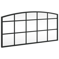 Black arched iron wall mirror, 23.6 by 11.8 inches, with grid panes.