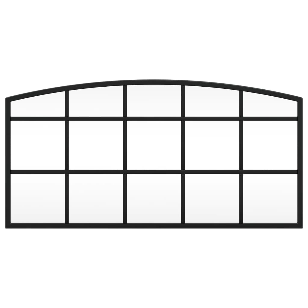 Black arched iron wall mirror, 23.6 by 11.8 inches, with grid-patterned frame.