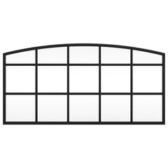 Black arched iron wall mirror, 23.6 by 11.8 inches, with grid-patterned frame.