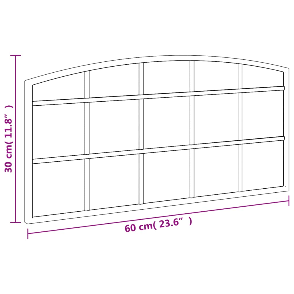 Black arched iron wall mirror frame, 23.6 by 11.8 inches, shown with dimensions.