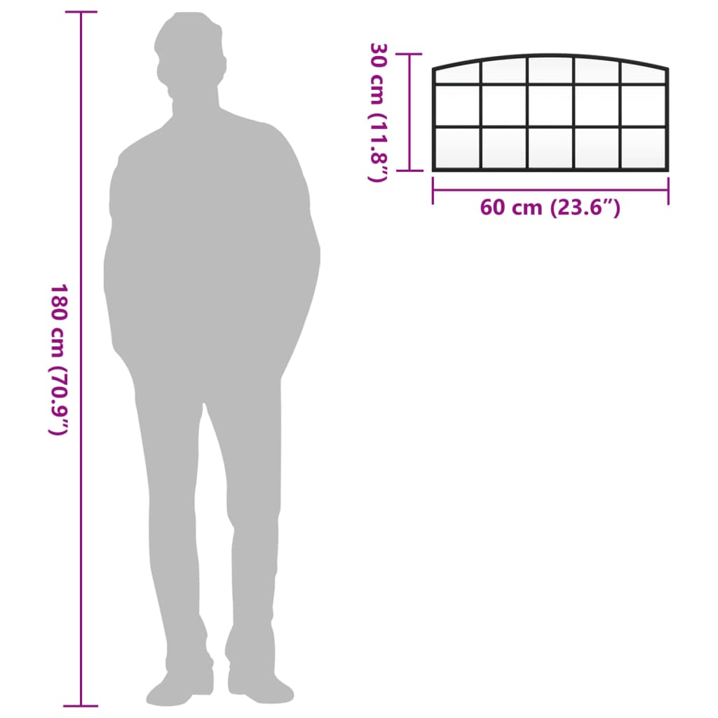 Black arch iron wall mirror, 60x30 cm, shown with scale next to 180 cm figure.