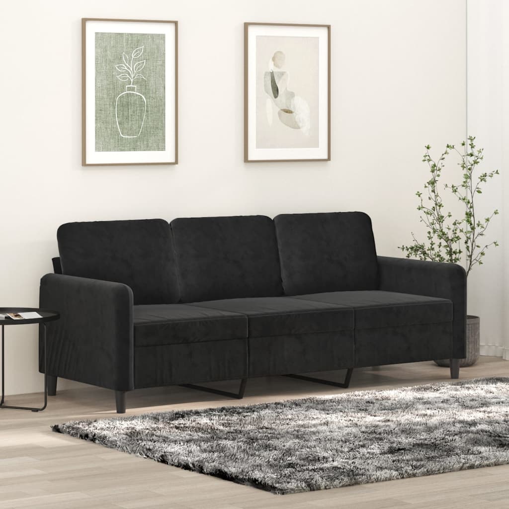 3-Seater Sofa Black Velvet, Metal, Textilene, Foam Large Durable