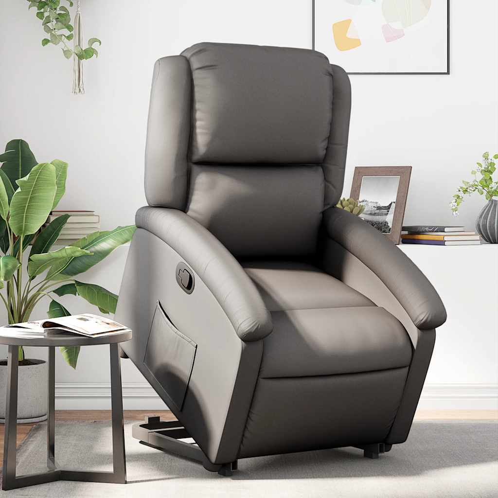 Stand Up Recliner Chair Grey Real Leather, Metal, Plywood Standard