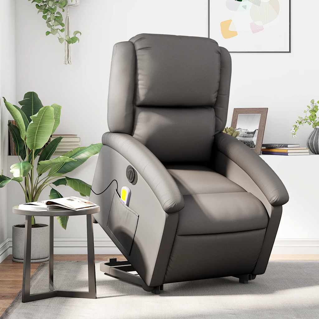 Electric Stand Up Massage Recliner Chair Gray Real Leather Standard
