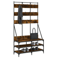 Smoked oak clothes rack with hooks, bench, and multi-tier shoe shelves.