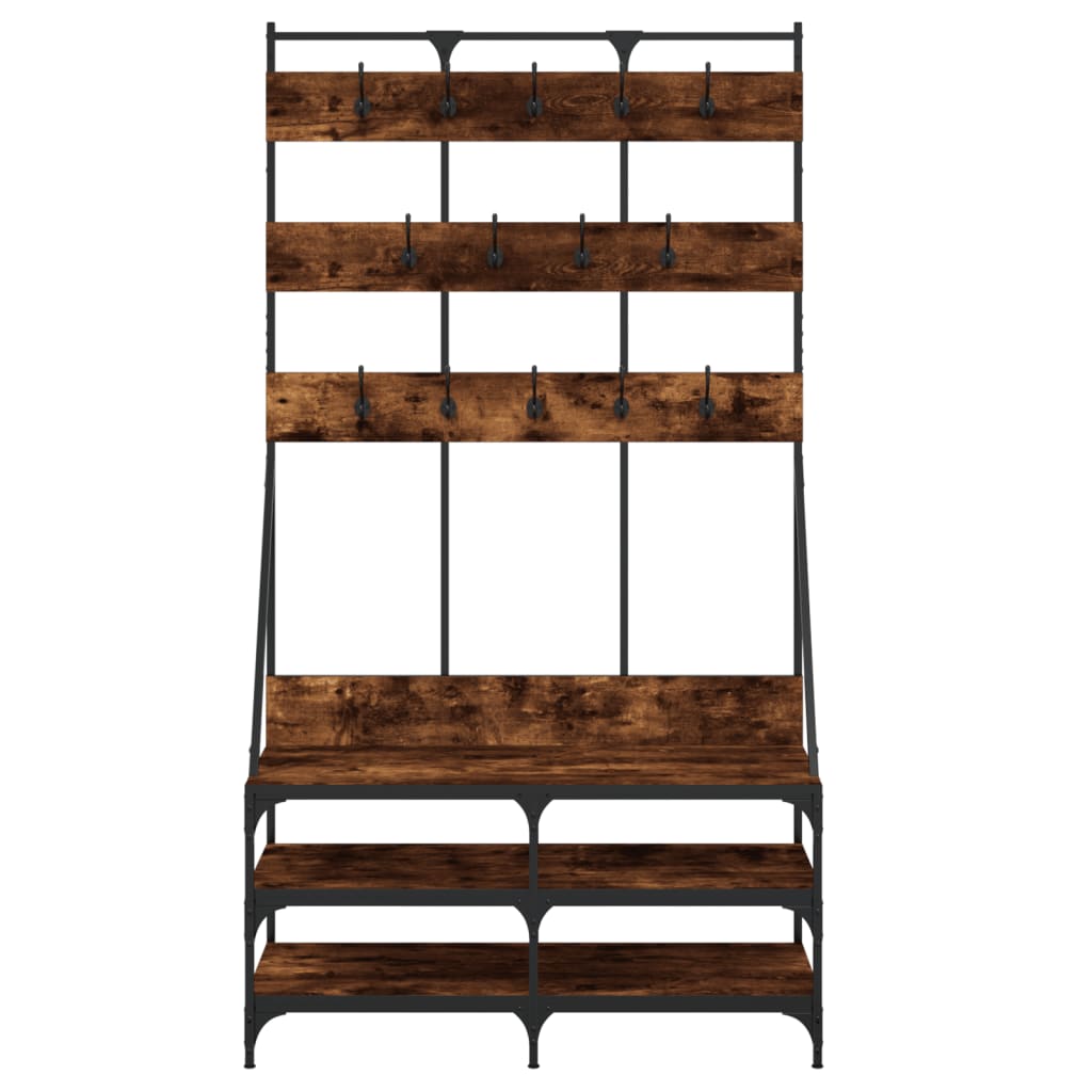 Smoked oak clothes rack with hooks, shelves, and shoe storage on metal frame.