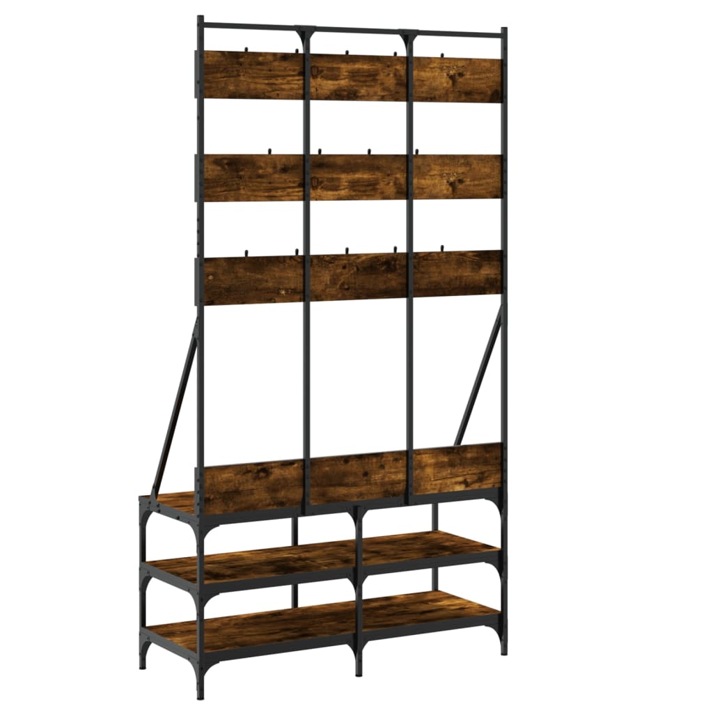 Smoked oak clothes rack with hanging rail, hooks, and five lower shoe shelves on black steel frame.