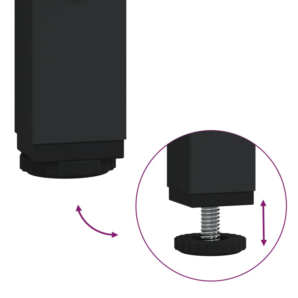 Black metal table leg with adjustable foot, shown assembled and disassembled.