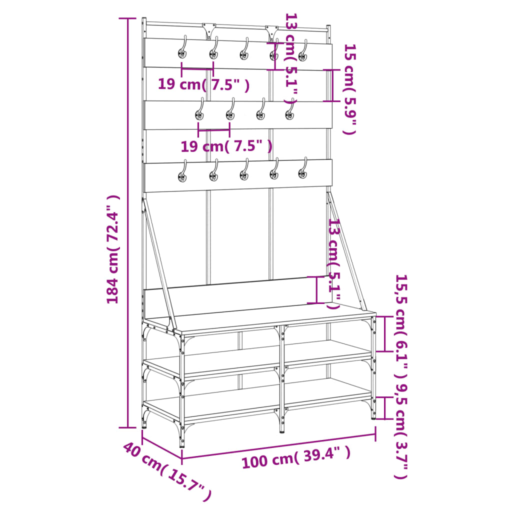 Smoked oak clothes rack with shoe storage shelves, dimensions 39.4x15.7x72.4 inches.