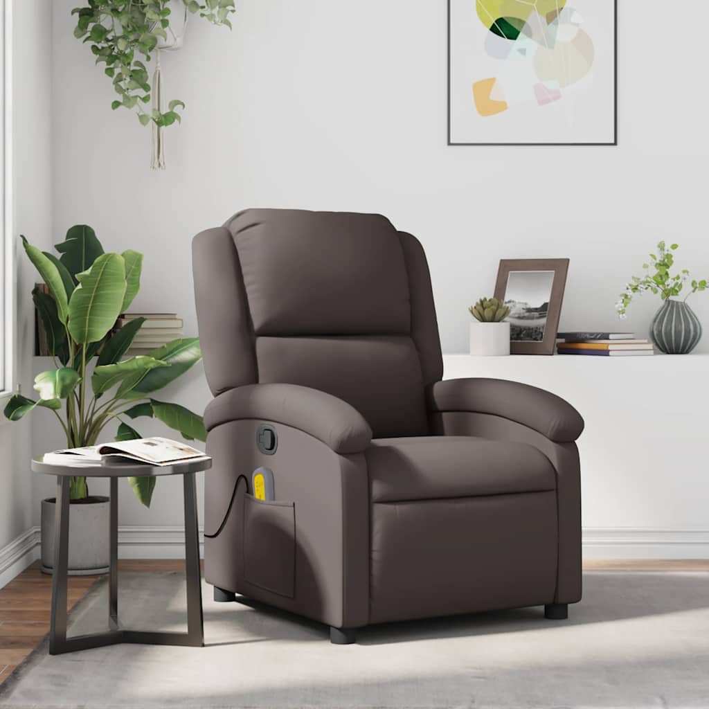 Massage Recliner Chair Dark Brown Real leather, metal, plywood