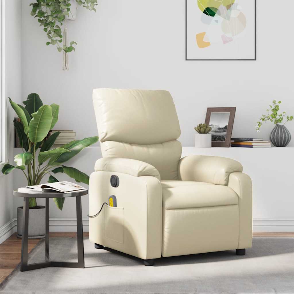 Massage Recliner Chair Cream Faux Leather, Metal, Plywood Single