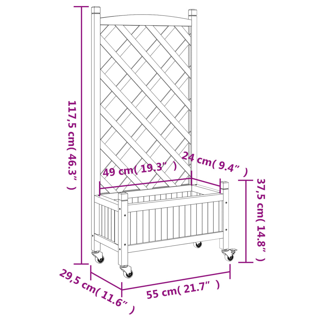 Planter with Trellis and Wheels Black Solid Wood Fir