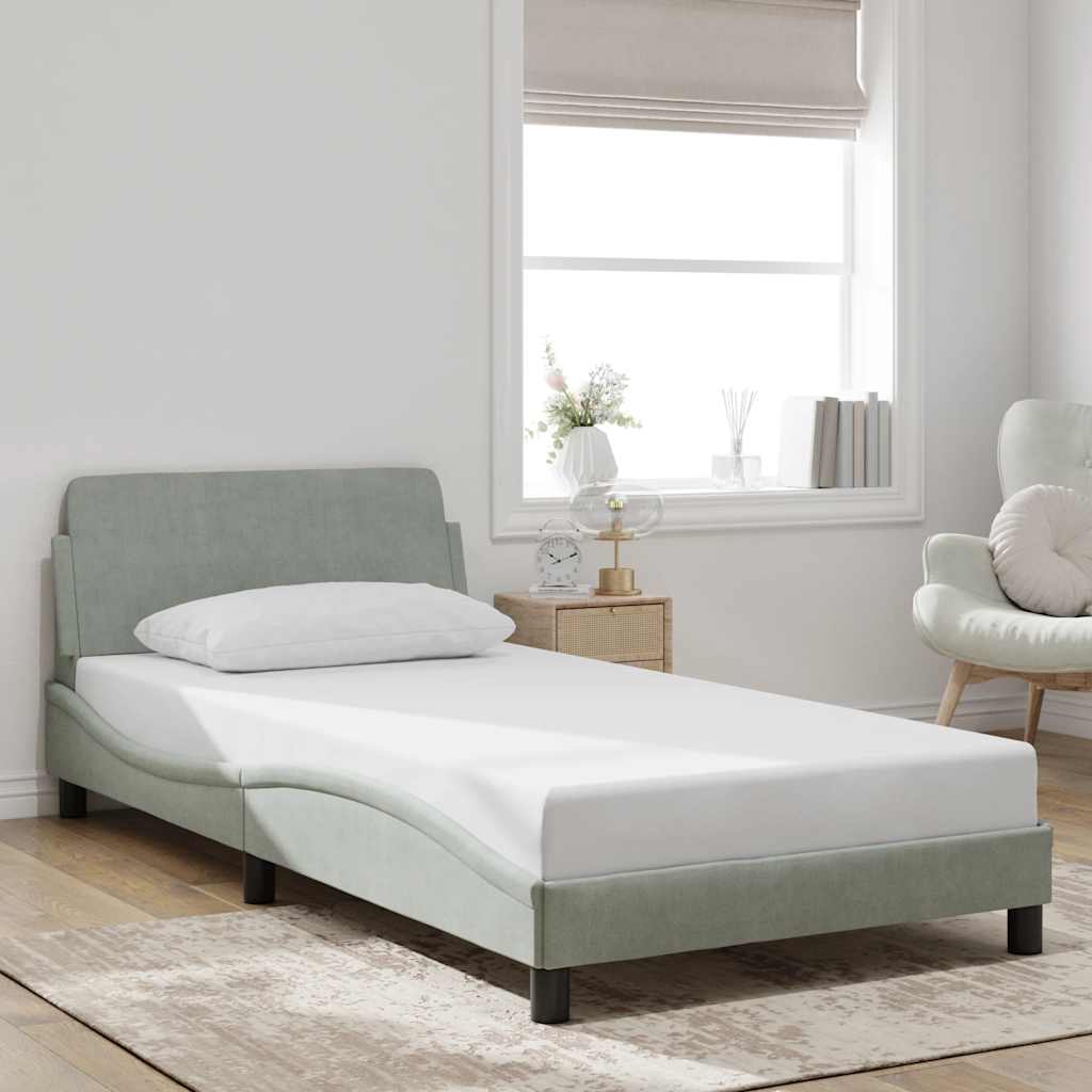 Bed Frame Light Gray Velvet, Metal, Plywood, Engineered Wood Single
