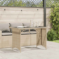 Garden Table Beige PE rattan, powder-coated steel, tempered glass