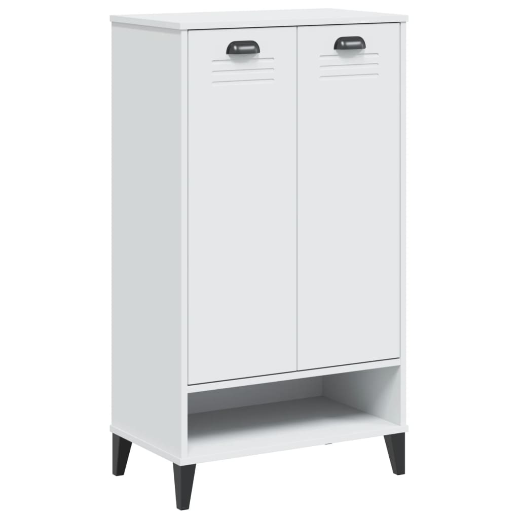White engineered wood shoe cabinet with two doors and open bottom shelf, holds 10 pairs.