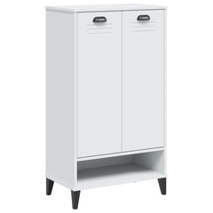 White engineered wood shoe cabinet with two doors and open bottom shelf, holds 10 pairs.