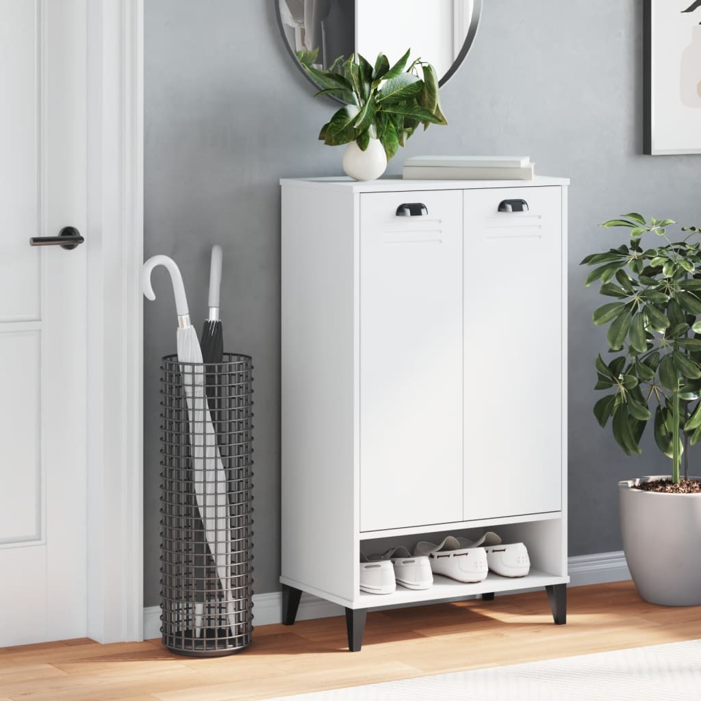 White engineered wood shoe cabinet with two doors, open shelf for shoes, and top surface.