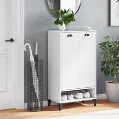 White engineered wood shoe cabinet with two doors, open shelf for shoes, and top surface.