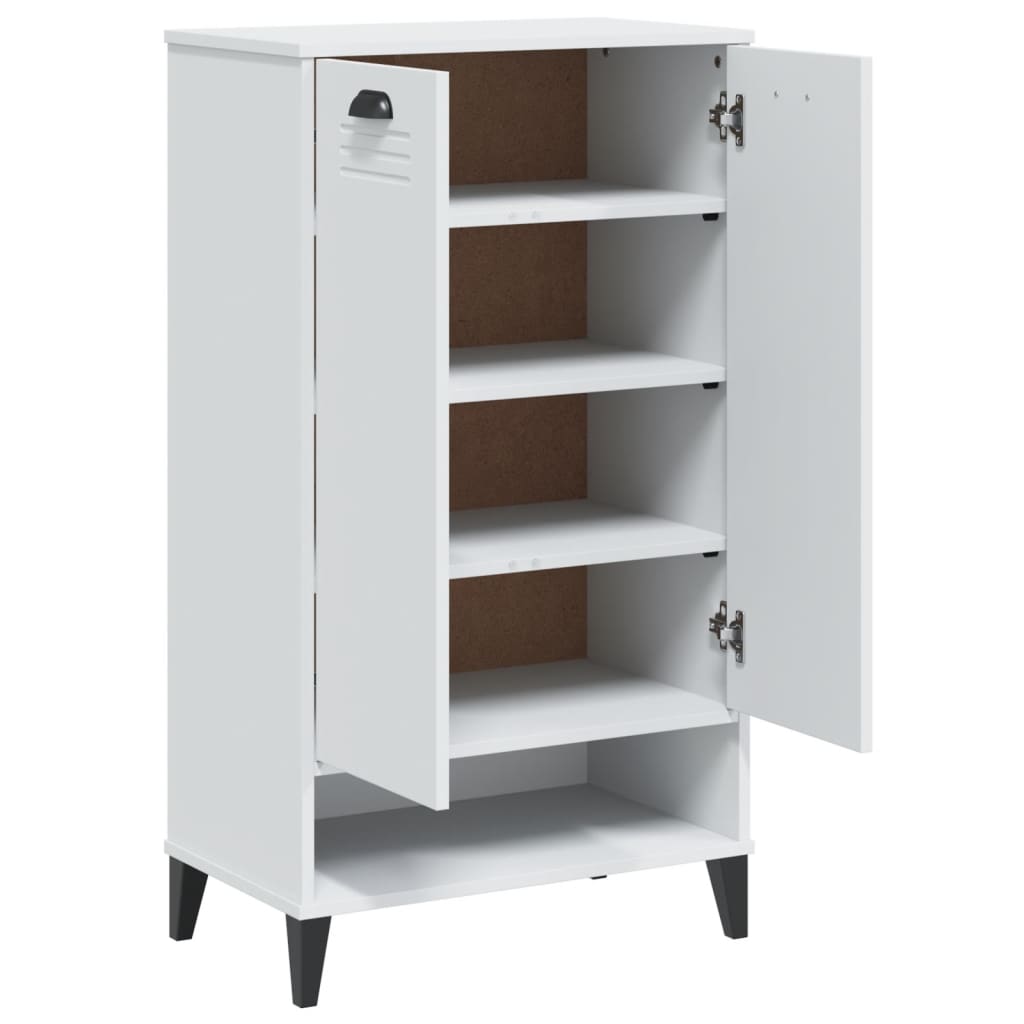 White engineered wood shoe cabinet with two doors and five shelves, holds 10 pairs.