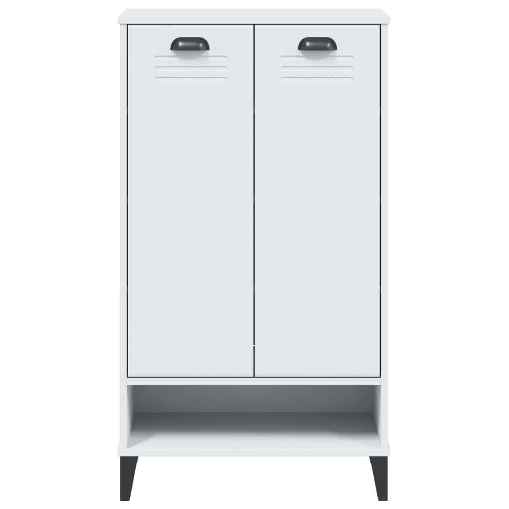 White engineered wood shoe cabinet with two louvered doors and bottom shelf.
