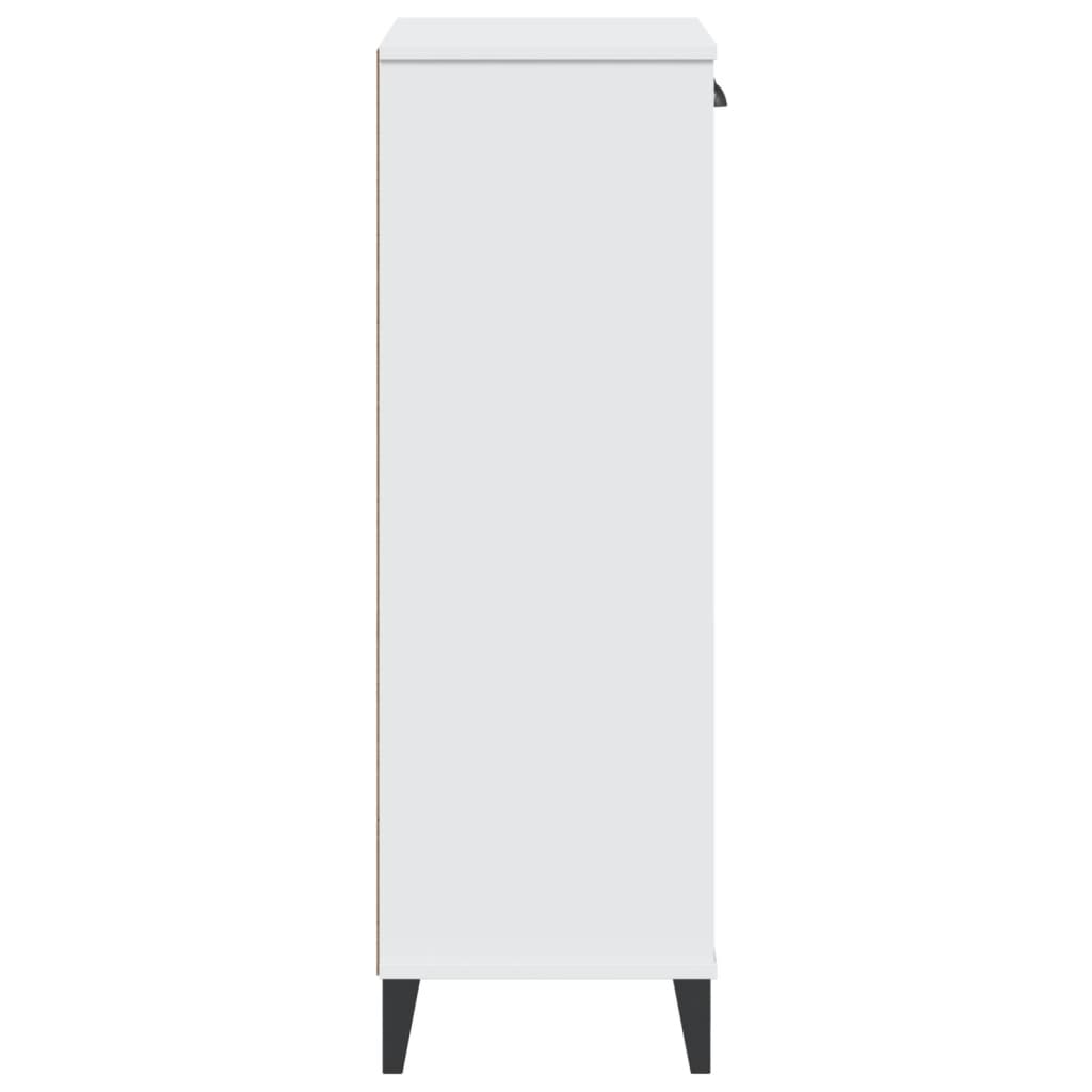 White engineered wood shoe cabinet with doors, shelf, and black legs, stores 10 pairs.