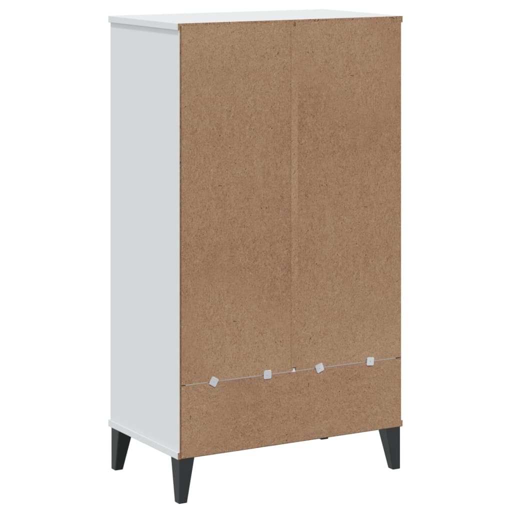 White engineered wood shoe cabinet with two doors and black legs, stores up to 10 pairs.