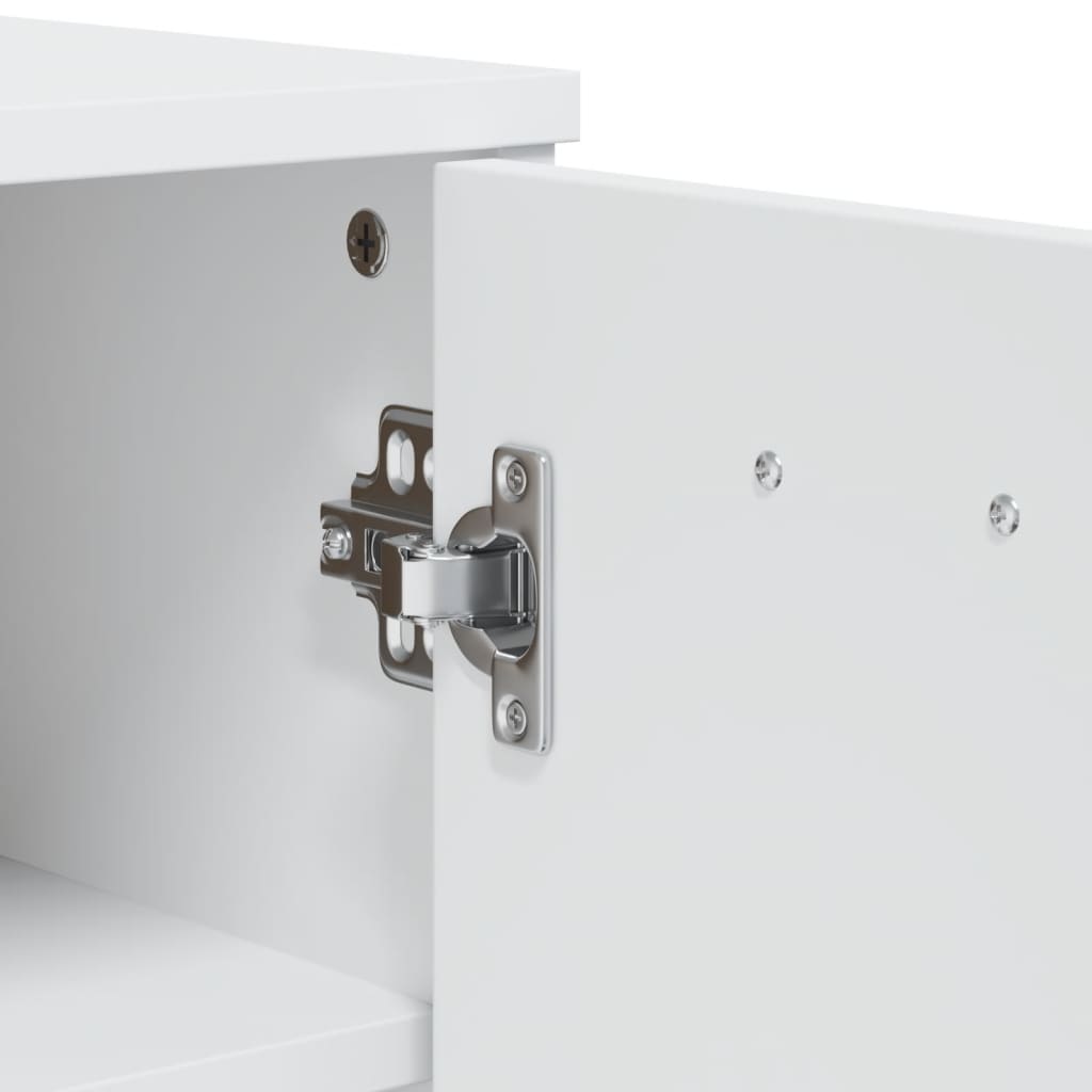 White engineered wood shoe cabinet with open door showing silver hinge and interior shelf.
