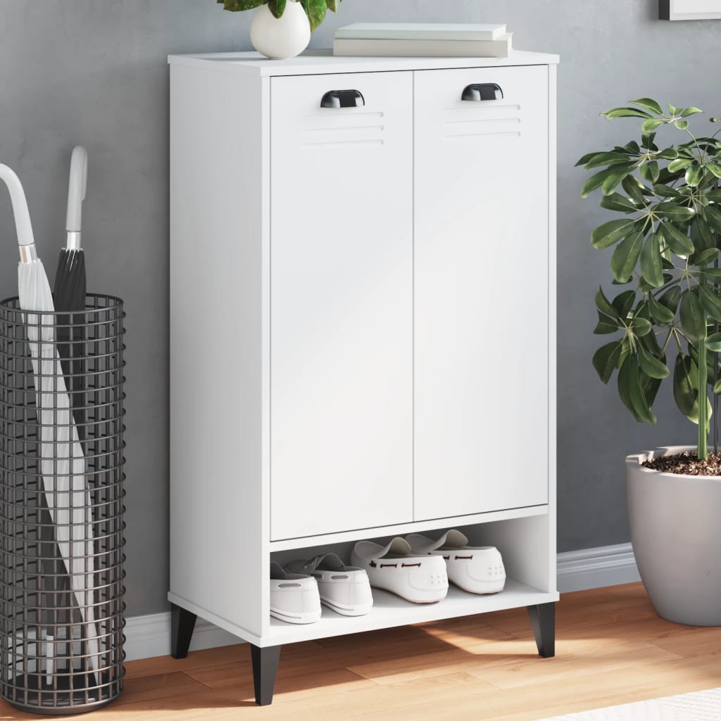 White engineered wood shoe cabinet with two doors, open bottom shelf for shoes, and black handles.