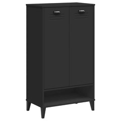 Black engineered wood shoe cabinet with two doors and open shelf, stores 10 pairs.