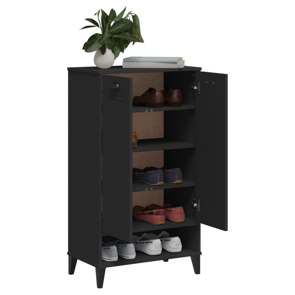 Black engineered wood shoe cabinet with open doors revealing shelves for 10 pairs of shoes.