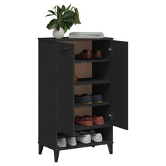 Black engineered wood shoe cabinet with open doors revealing shelves for 10 pairs of shoes.