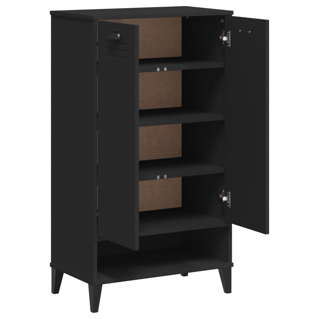 Black engineered wood shoe cabinet with open doors revealing four shelves for 10 pairs.