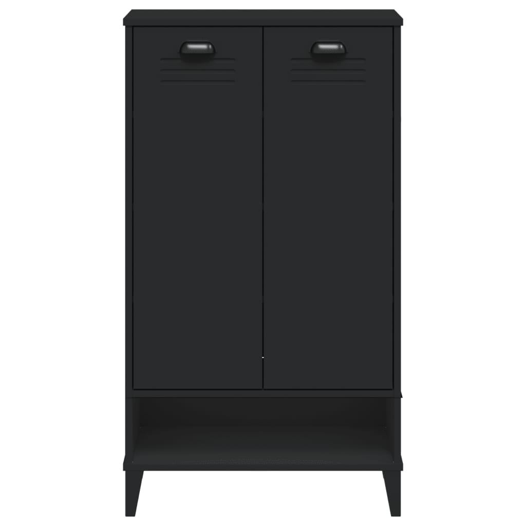 Black engineered wood shoe cabinet with two doors and an open shelf, stores 10 pairs.